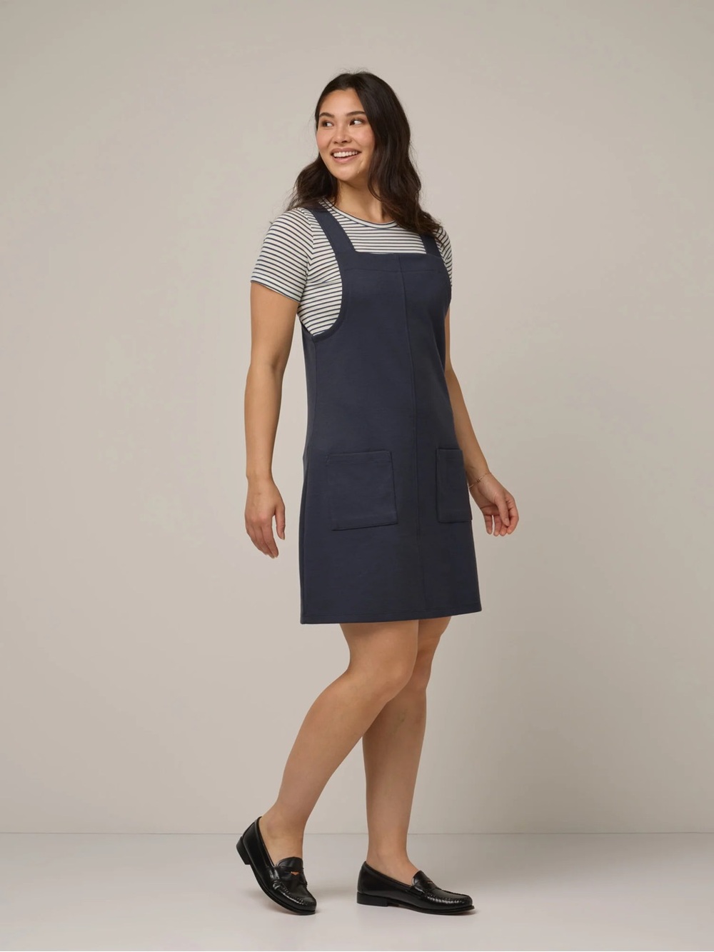 Wool& Goldie Merino Wool Blend Pinafore Jumper Dress in Washed Navy, Sz XXL